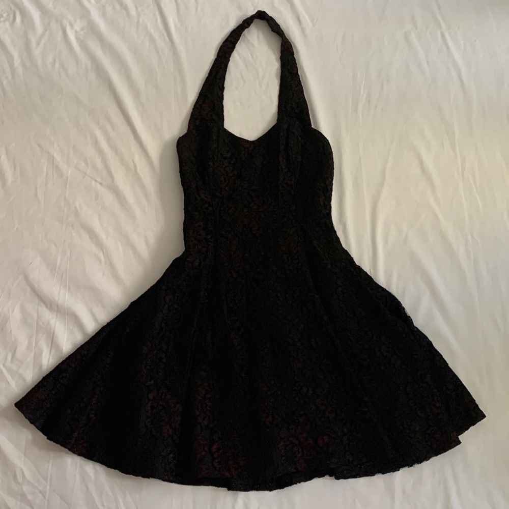90s Vintage Ambria Halter Black with Red Toned Lace Mini Dress Size 4